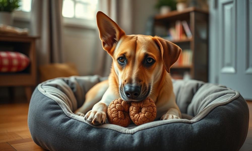 dog chewing dog bed - home environment