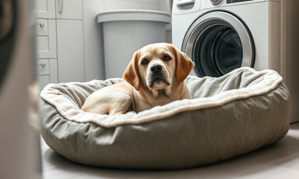 Close-up of a washable dog bed cover being cleaned