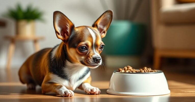 Chihuahua beside a small measured food bowl indoors