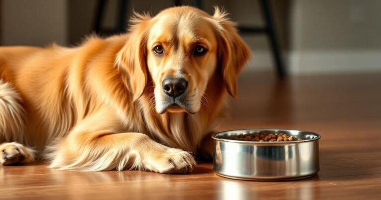 Golden retriever beside a measured food bowl in a calm feeding setup