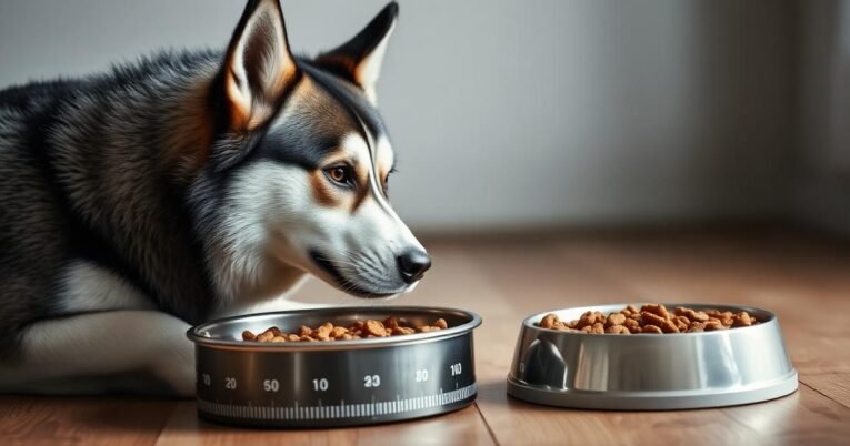Husky beside a measured food bowl in a calm feeding setup
