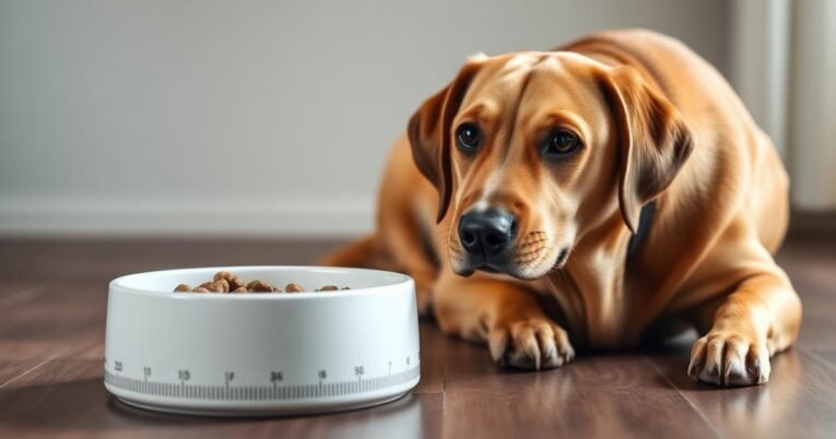Labrador retriever beside a measured food bowl in a calm feeding setup
