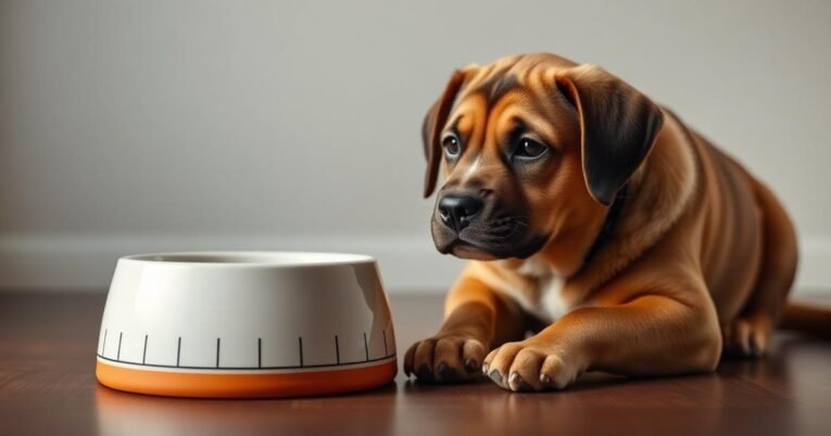Large breed puppy beside a measured food bowl in a calm feeding setup