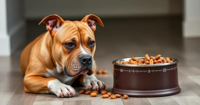 Pitbull-type dog beside a measured food bowl in a calm feeding setup