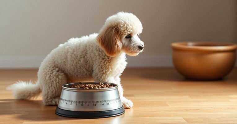 Poodle beside a measured food bowl in a calm feeding setup