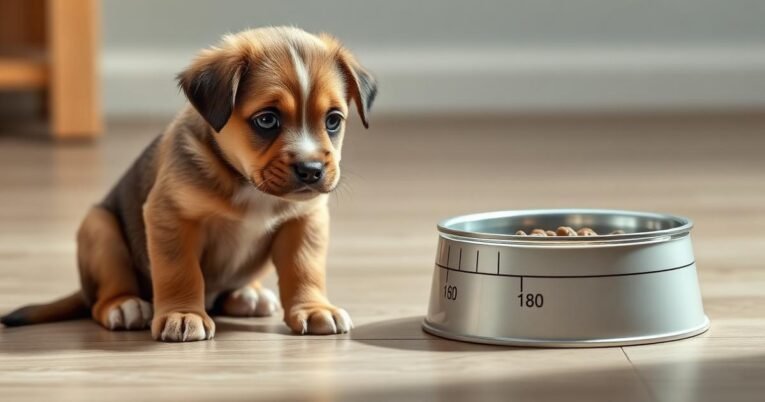 Young puppy beside a measured food bowl in a calm feeding setup