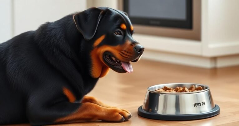 Rottweiler beside a measured food bowl in a calm feeding setup
