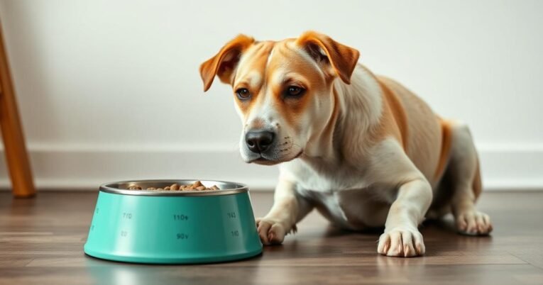 Senior dog beside a measured food bowl in a calm feeding setup