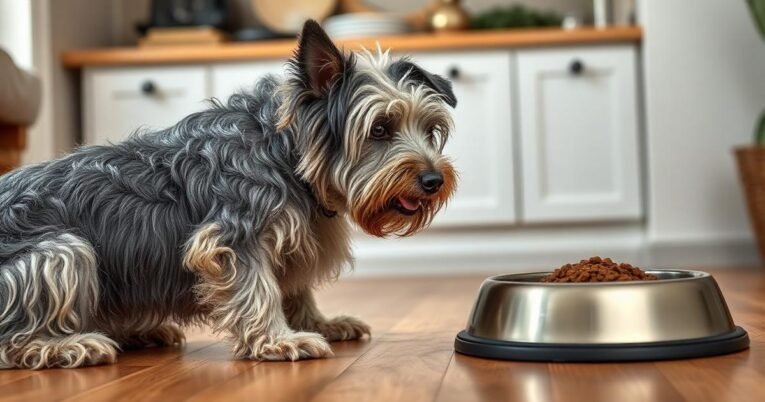 Itchy dog near food bowl in a calm indoor setting