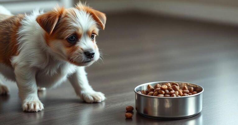 Small adult dog beside a measured food bowl in a calm feeding setup
