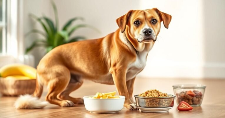 Lean dog with measured food portions for healthy weight gain indoors