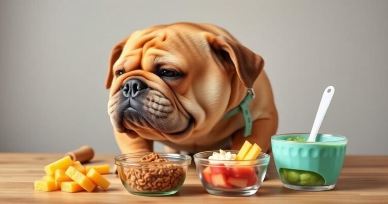 Overweight dog with measured food portions prepared for a weight-loss plan