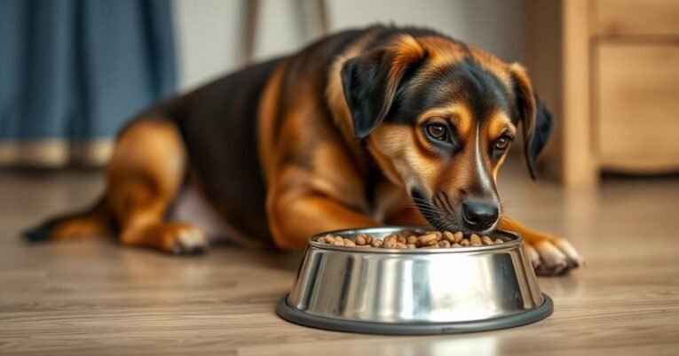 Dry dog food bowl with calm indoor dog beside it