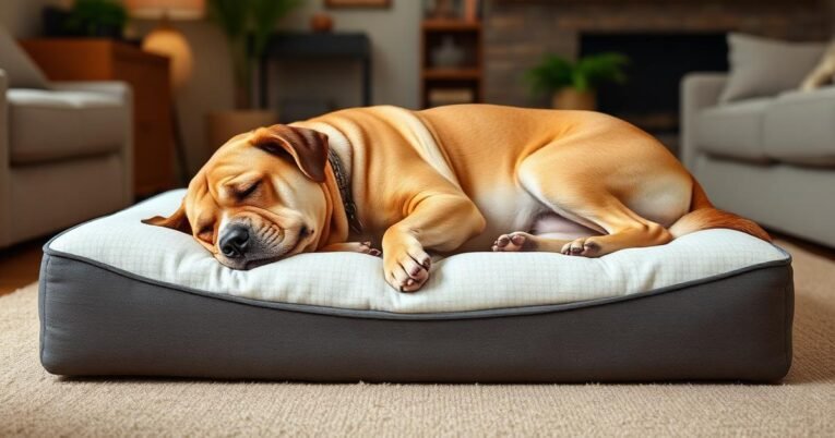 Large senior dog sleeping on an orthopedic memory foam dog bed in a cozy living room