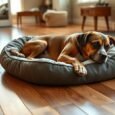 Dog bed sliding across hardwood floor while a medium dog tries to lie down in a cozy home