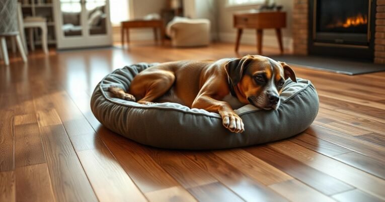 Dog bed sliding across hardwood floor while a medium dog tries to lie down in a cozy home
