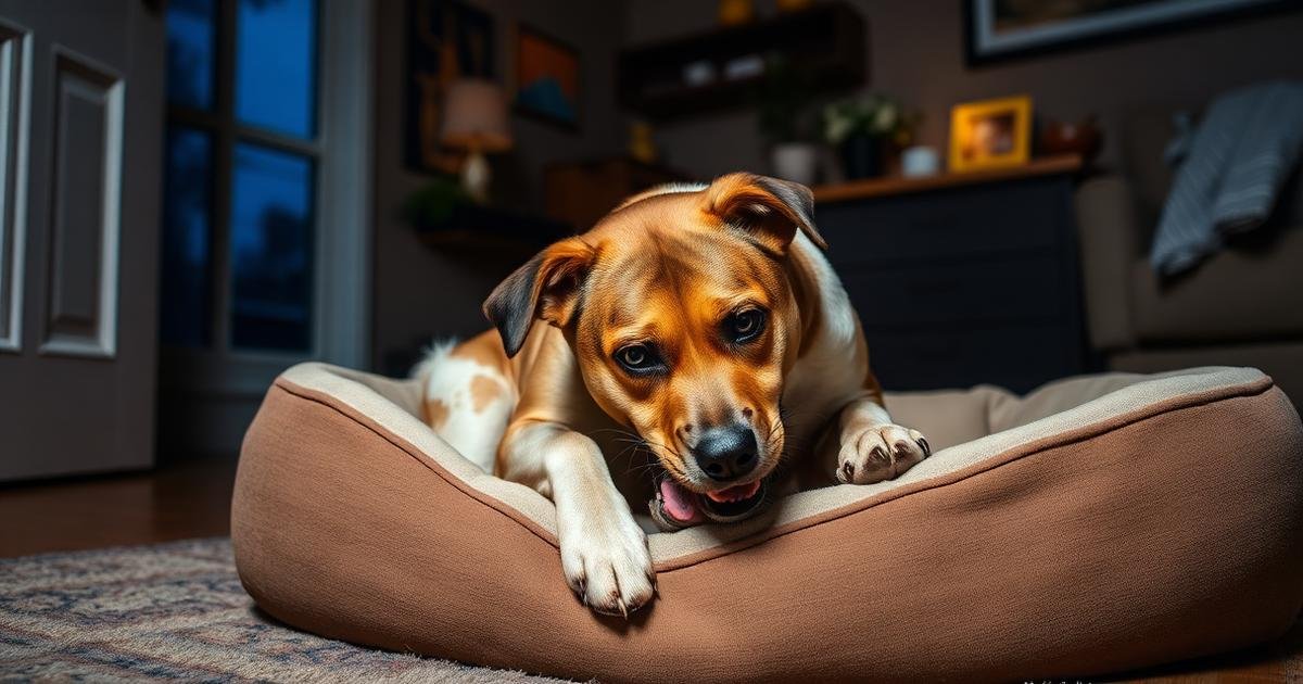 Dog chewing and tearing a dog bed in a home at night