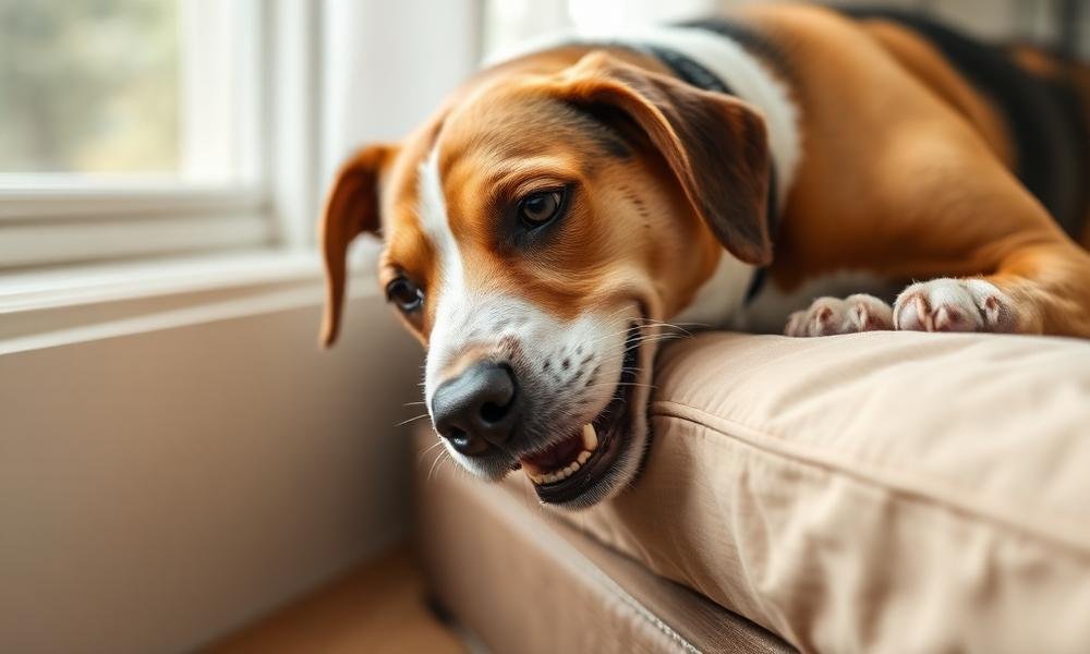 Dog sniffing and biting a soft bed corner indoors