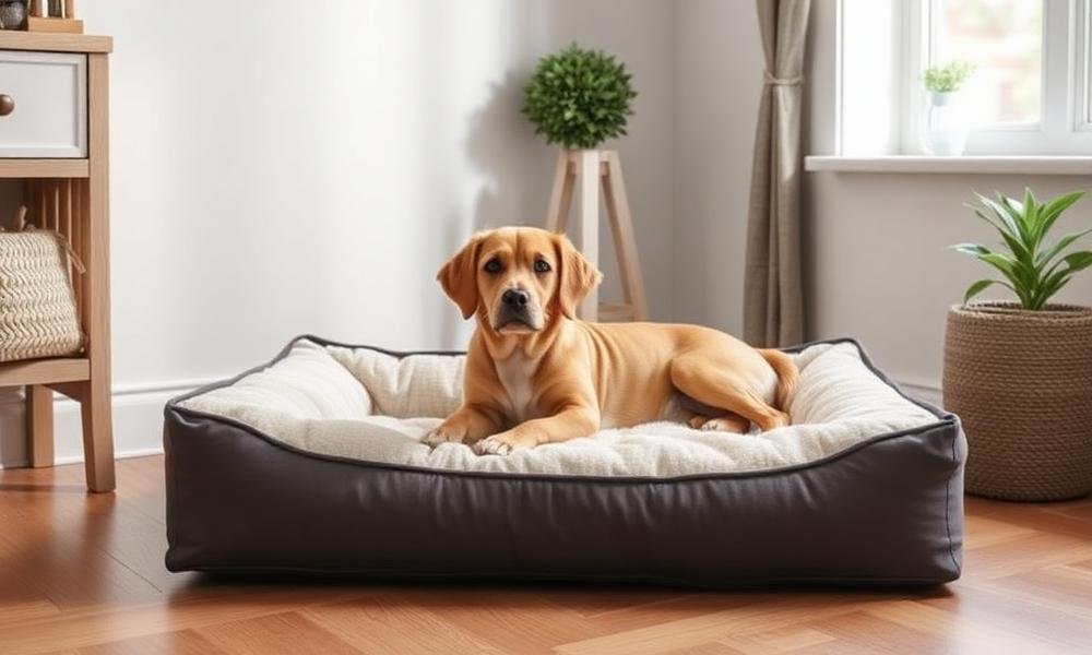 Durable low-profile dog bed with reinforced seams in a tidy room