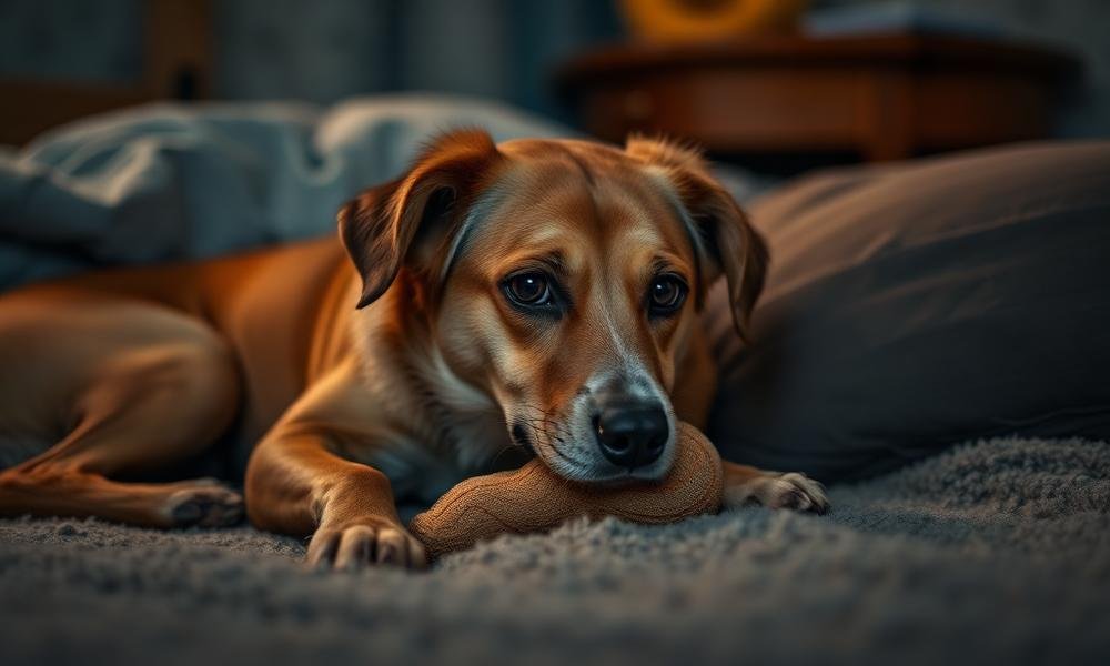 Calm evening dog routine with chew toy near a sturdy bed