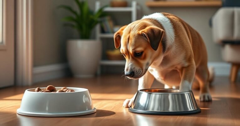 Dog with upset stomach near food bowl indoors