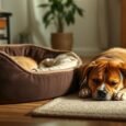 Dog ignoring a pet bed and choosing to sleep on the floor in a calm home