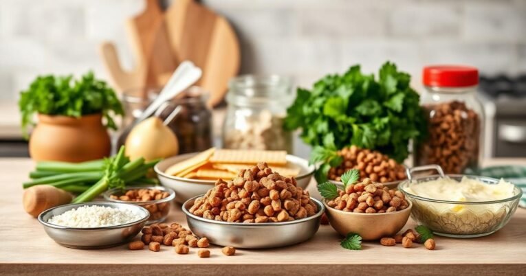Homemade dog food ingredients prepared neatly on a kitchen counter
