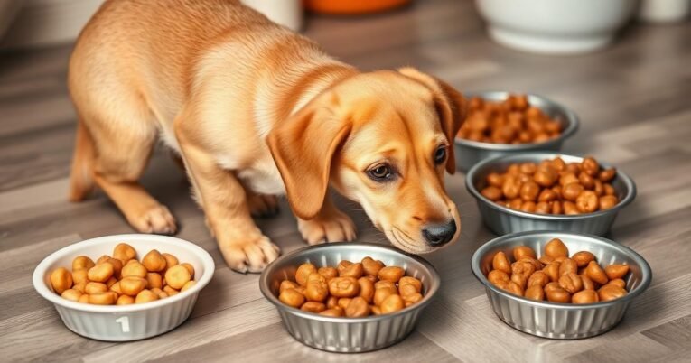 Measured dog food portions prepared for daily feeding at home