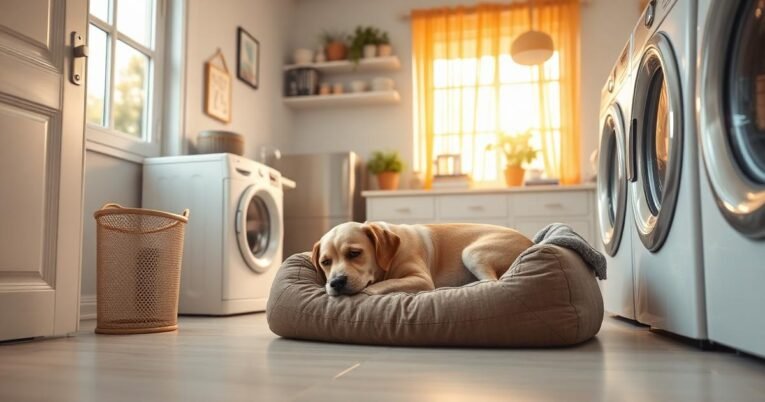 Dog bed being cleaned in a bright home laundry area