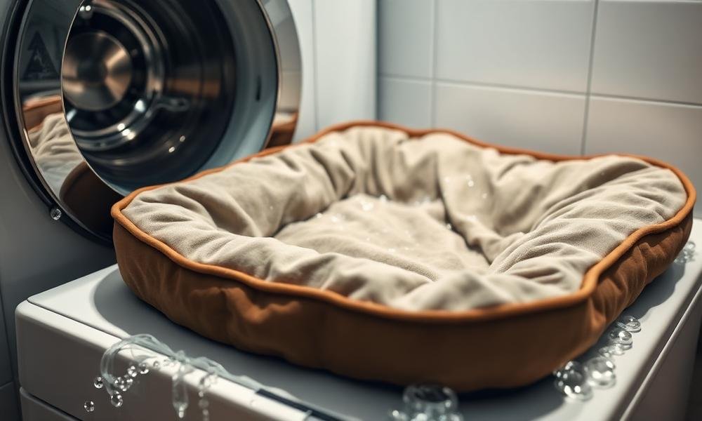 Close-up of a removable dog bed cover being washed