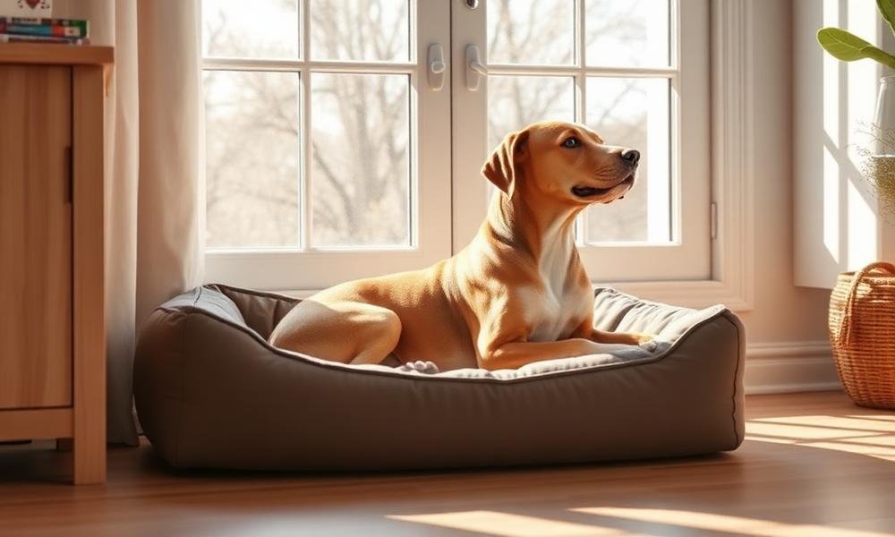 Dog bed insert drying near a sunny window with airflow