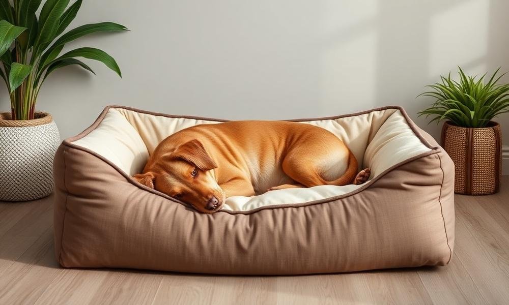Fresh clean dog bed set up neatly in a calm room