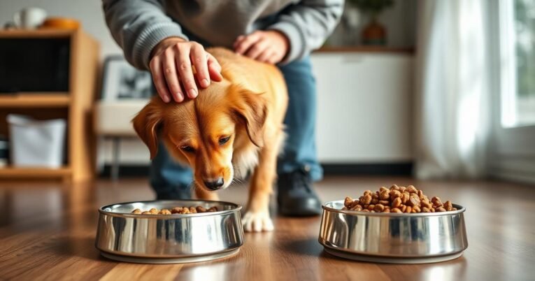 Owner switching dog food gradually between two bowls at home