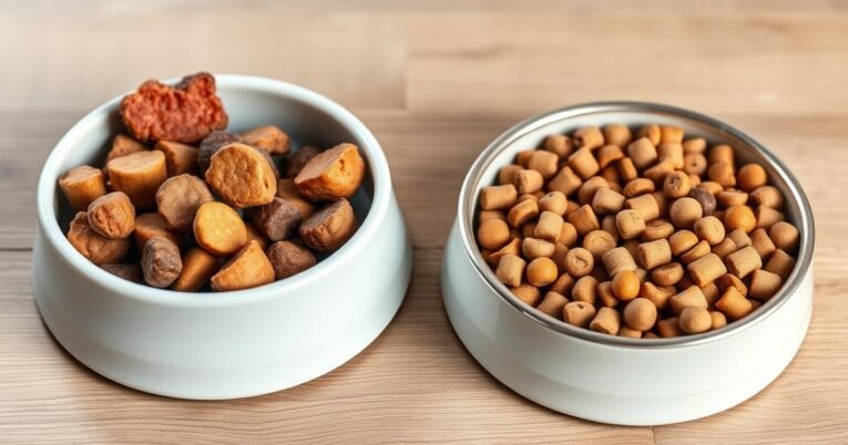 Raw dog food and kibble bowls side by side for feeding comparison