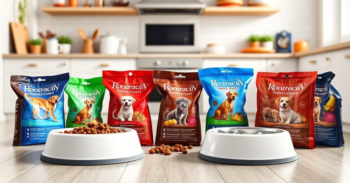 Dog food bowls and packaged dog food arranged in a bright kitchen