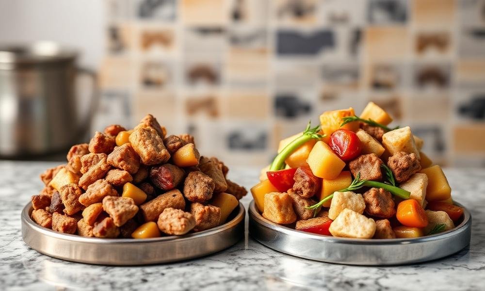 Dry wet raw and homemade dog food comparison setup on a counter