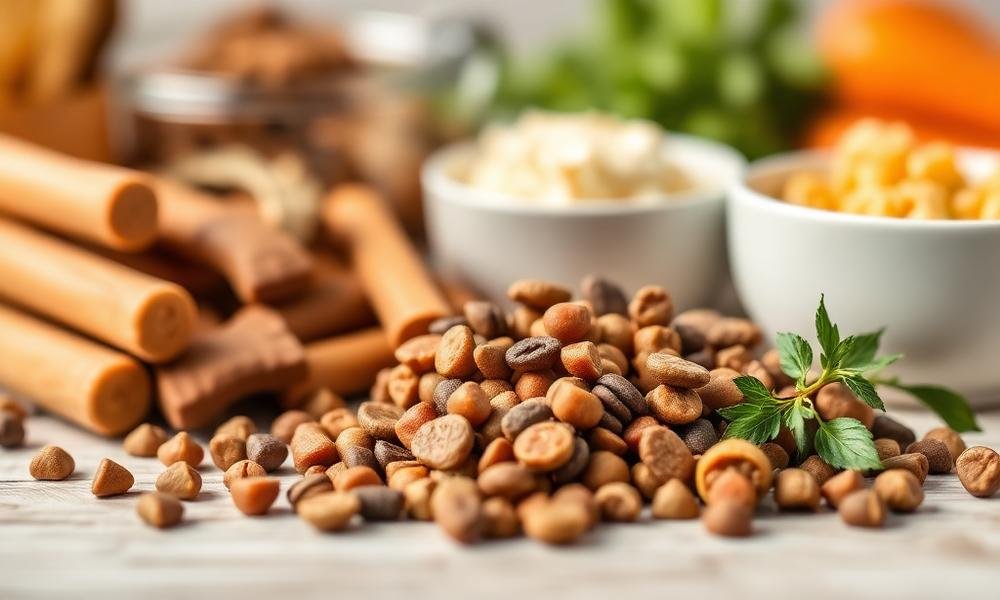 Close-up of dog food ingredients and nutrition-focused feeding setup