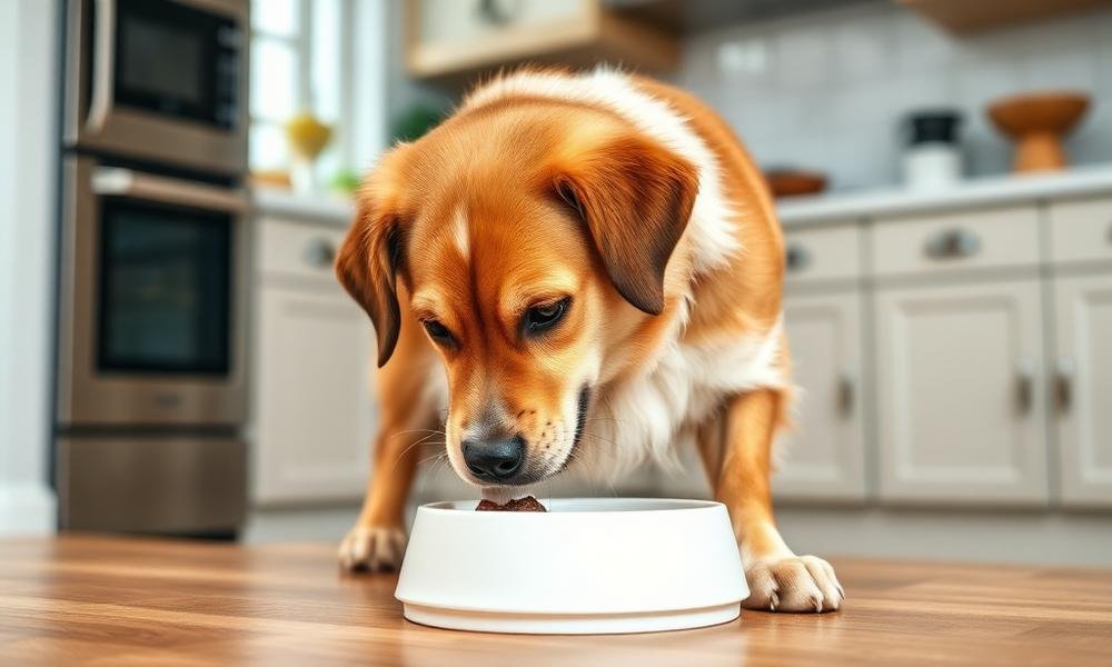 Healthy dog eating from a clean bowl in a home kitchen