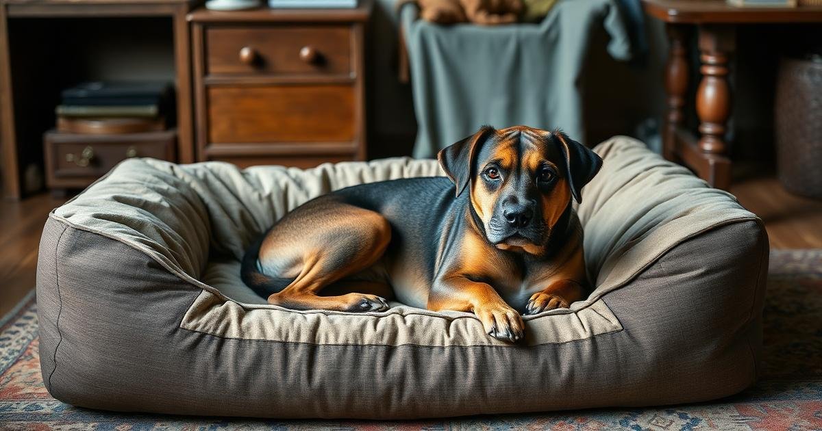 Worn-out dog bed beside a dog in a cozy home