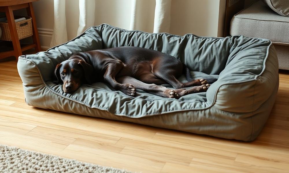 Flattened dog bed with visible sagging and wear