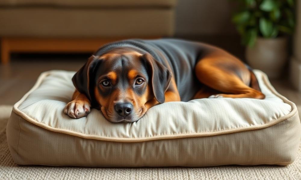 Senior dog resting comfortably on a fresh supportive bed