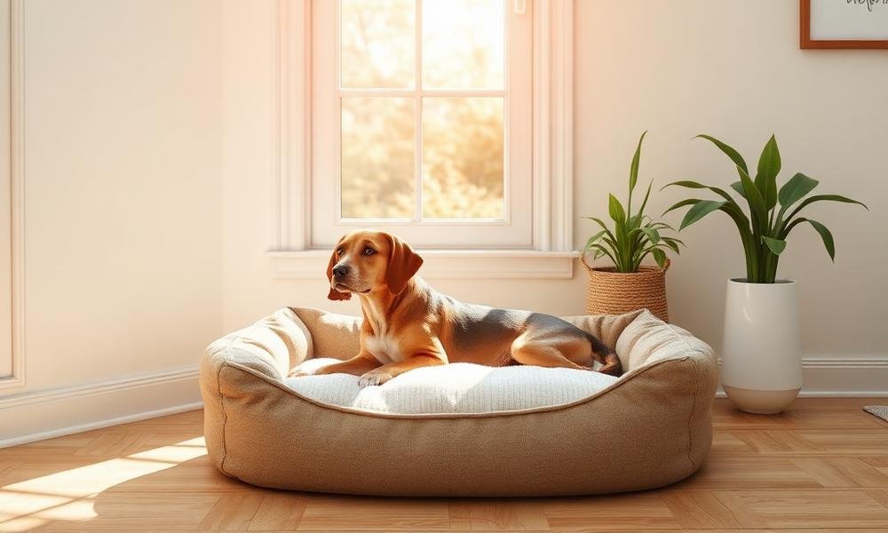 Dog bed insert airing out near a sunny window