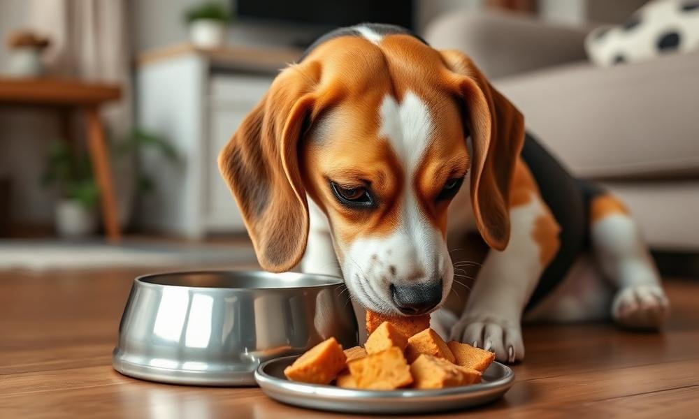 beagle eating controlled portion dog food